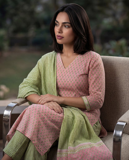 Light Pink &amp; Green Printed Cotton Suit Set