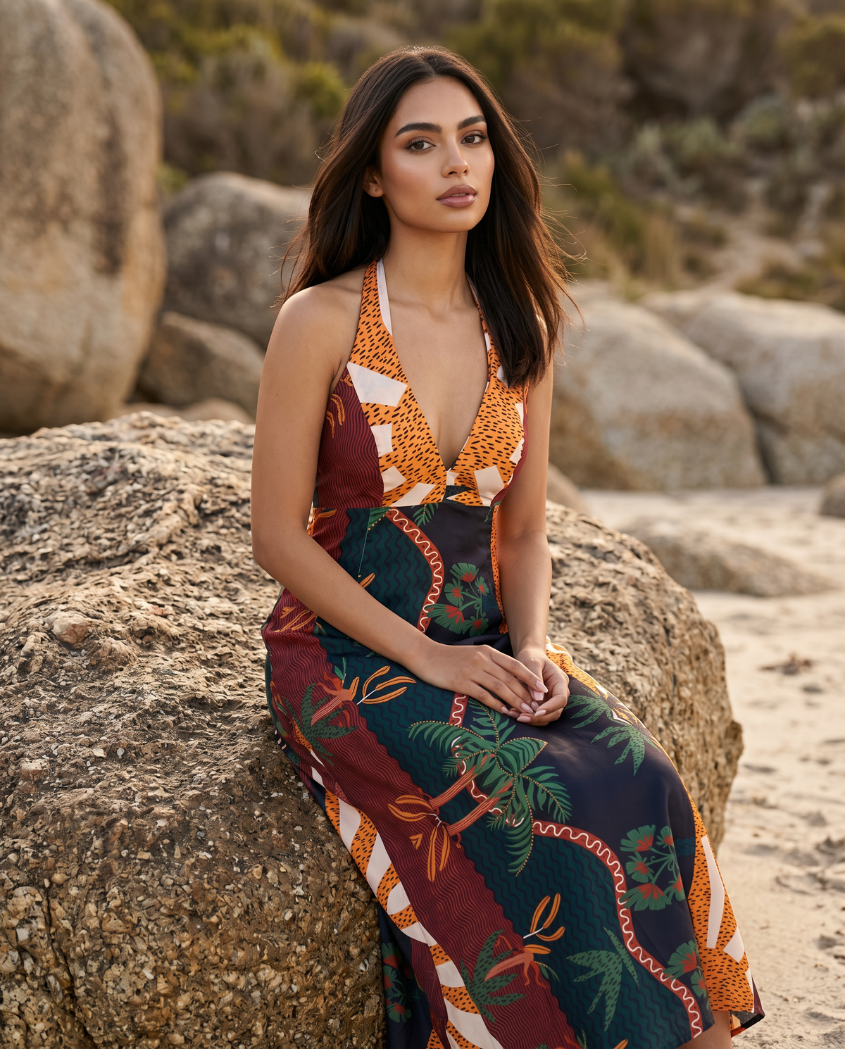 Tropical Sunset Halter Dress