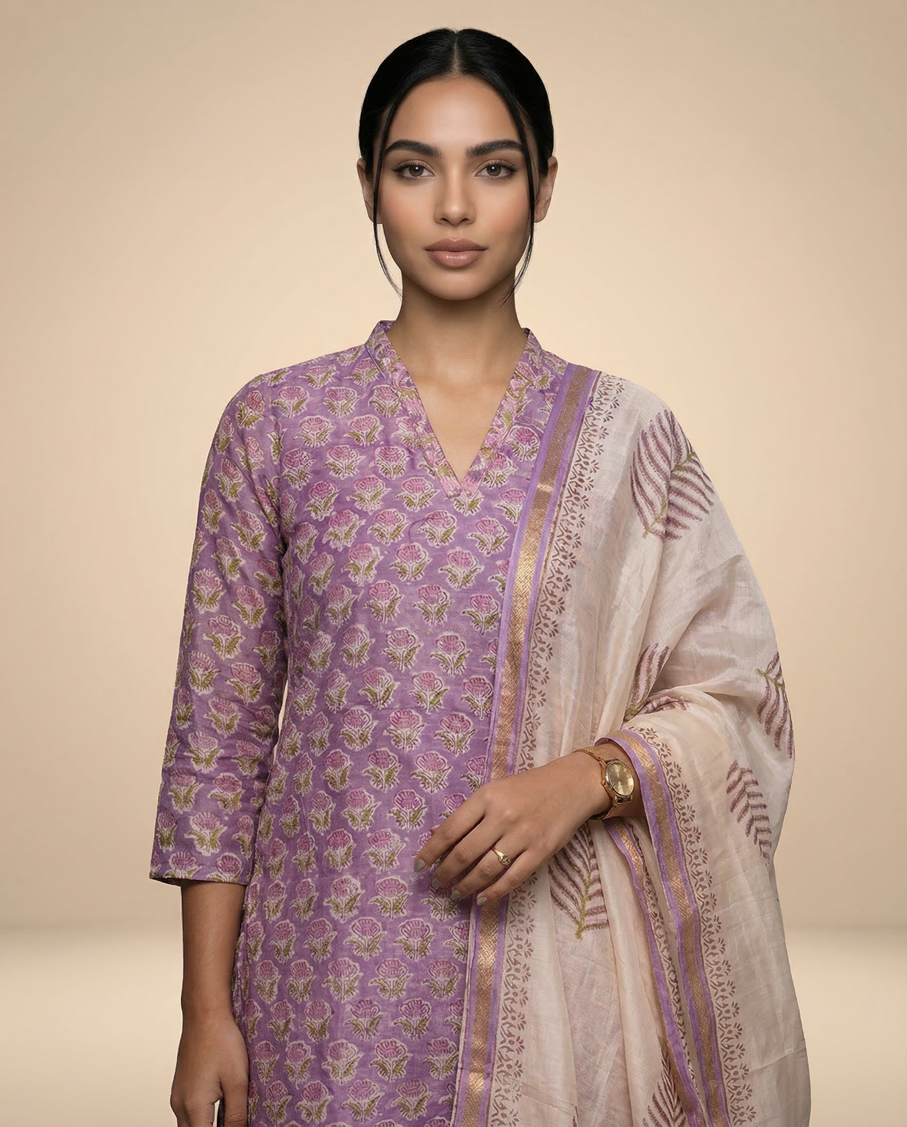 Lavender Handblock-Style Kurta Set with Dupatta