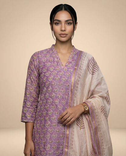 Lavender Handblock-Style Kurta Set with Dupatta