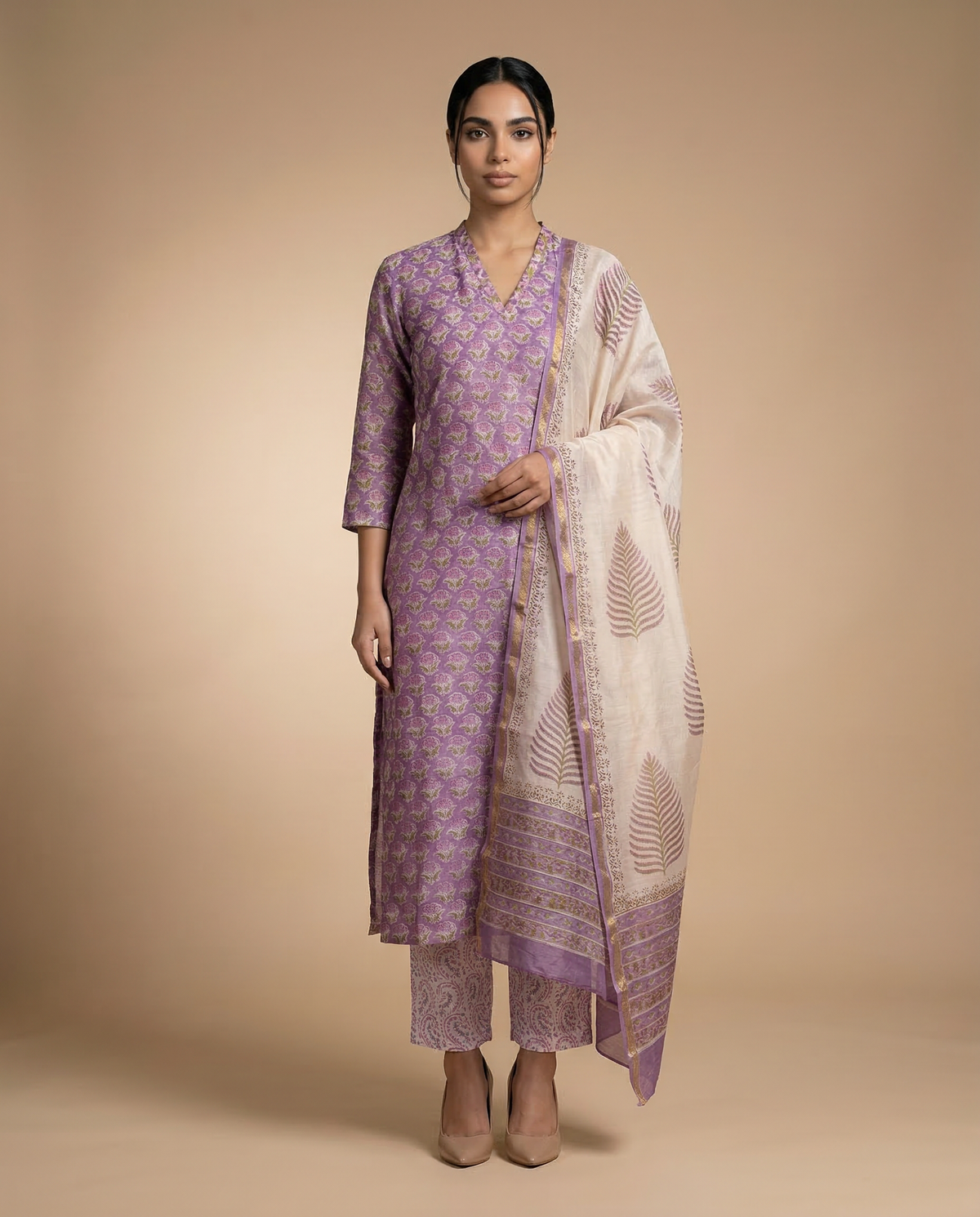 Lavender Handblock-Style Kurta Set with Dupatta
