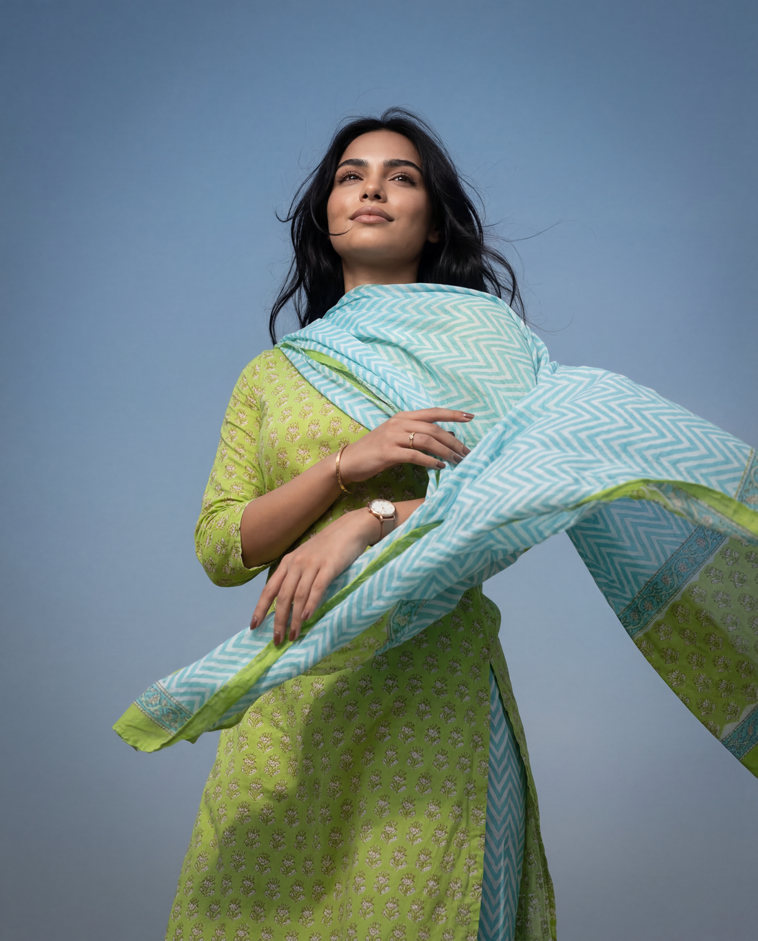 Lime Green Printed Kurta Set with Sky Blue Dupatta