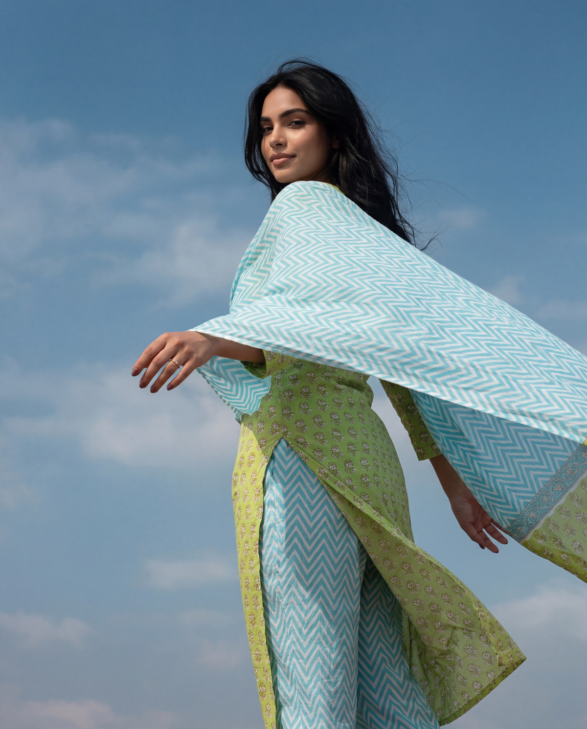 Lime Green Printed Kurta Set with Sky Blue Dupatta