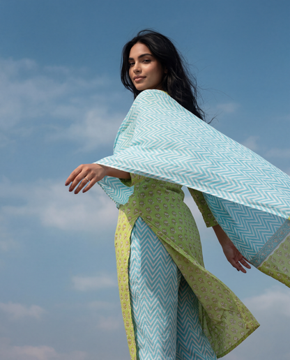 Lime Green Printed Kurta Set with Sky Blue Dupatta