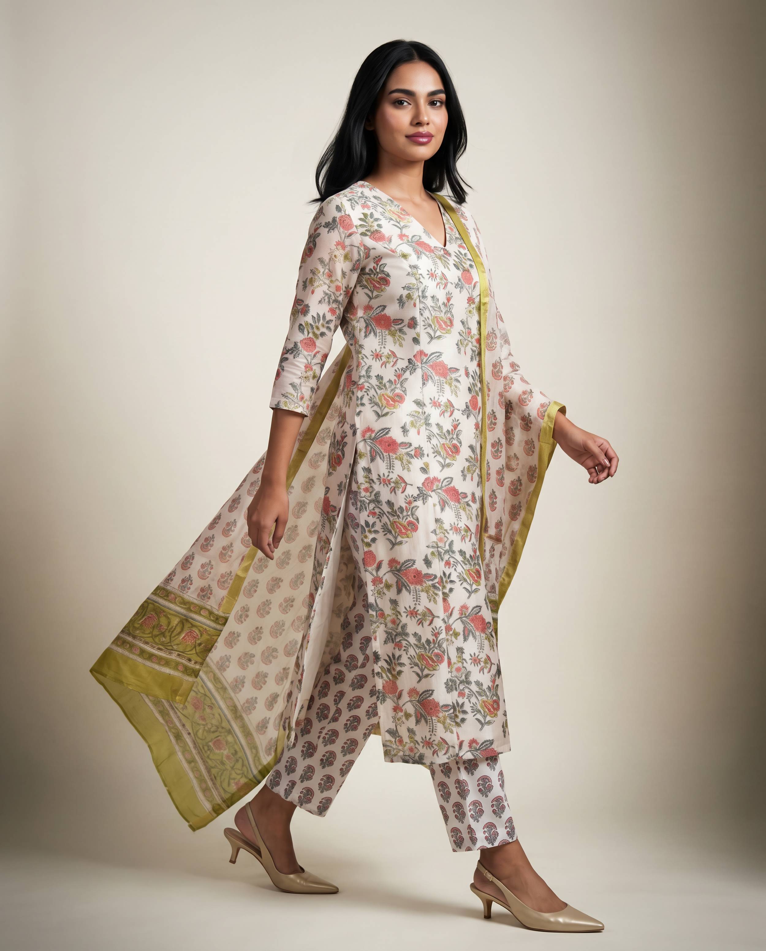 Pastel Floral Printed Kurta Set with Dupatta