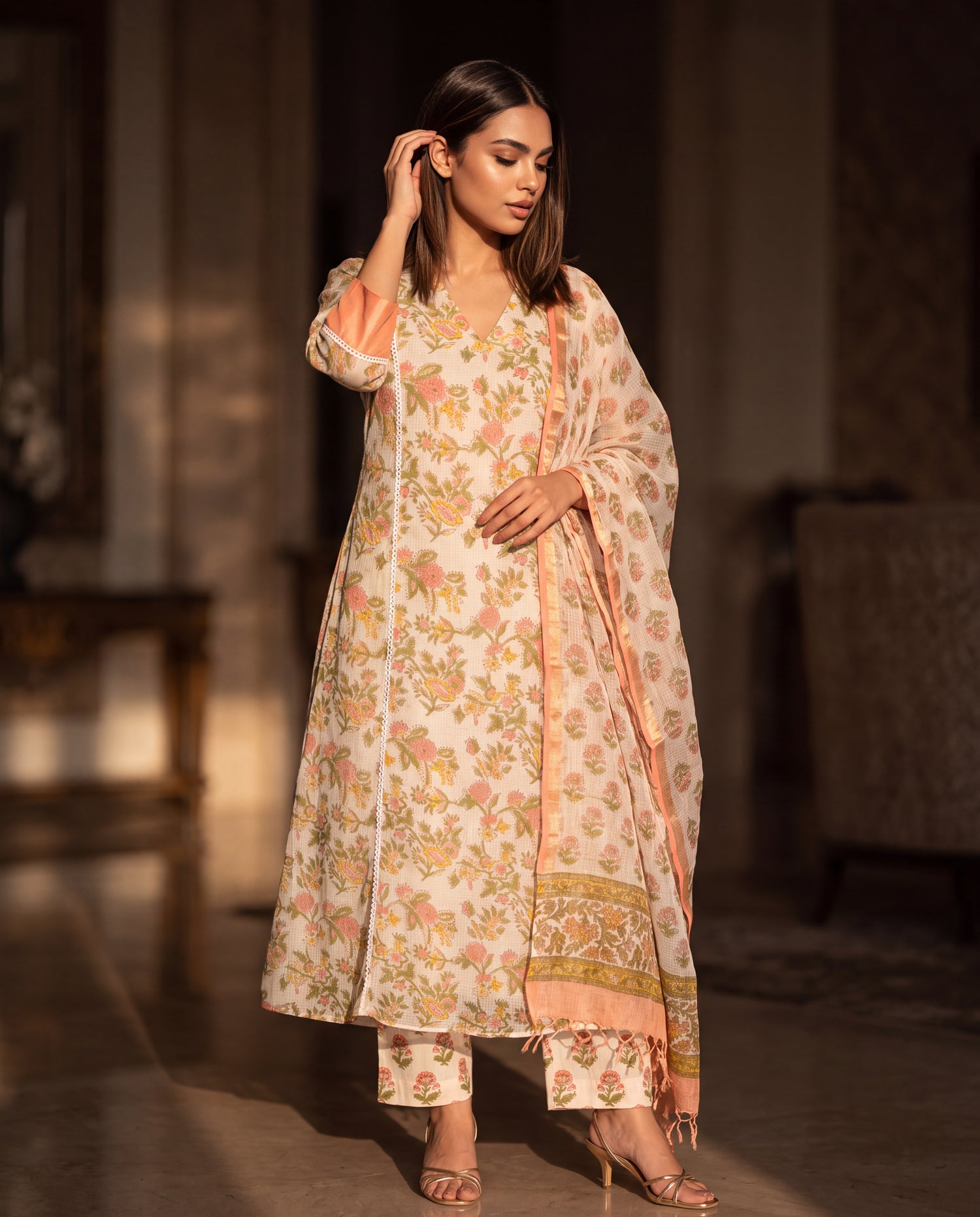 Peach Meadow Floral Flared Suit Set