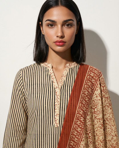 Simple V-neckline beige suit set | Aika the label