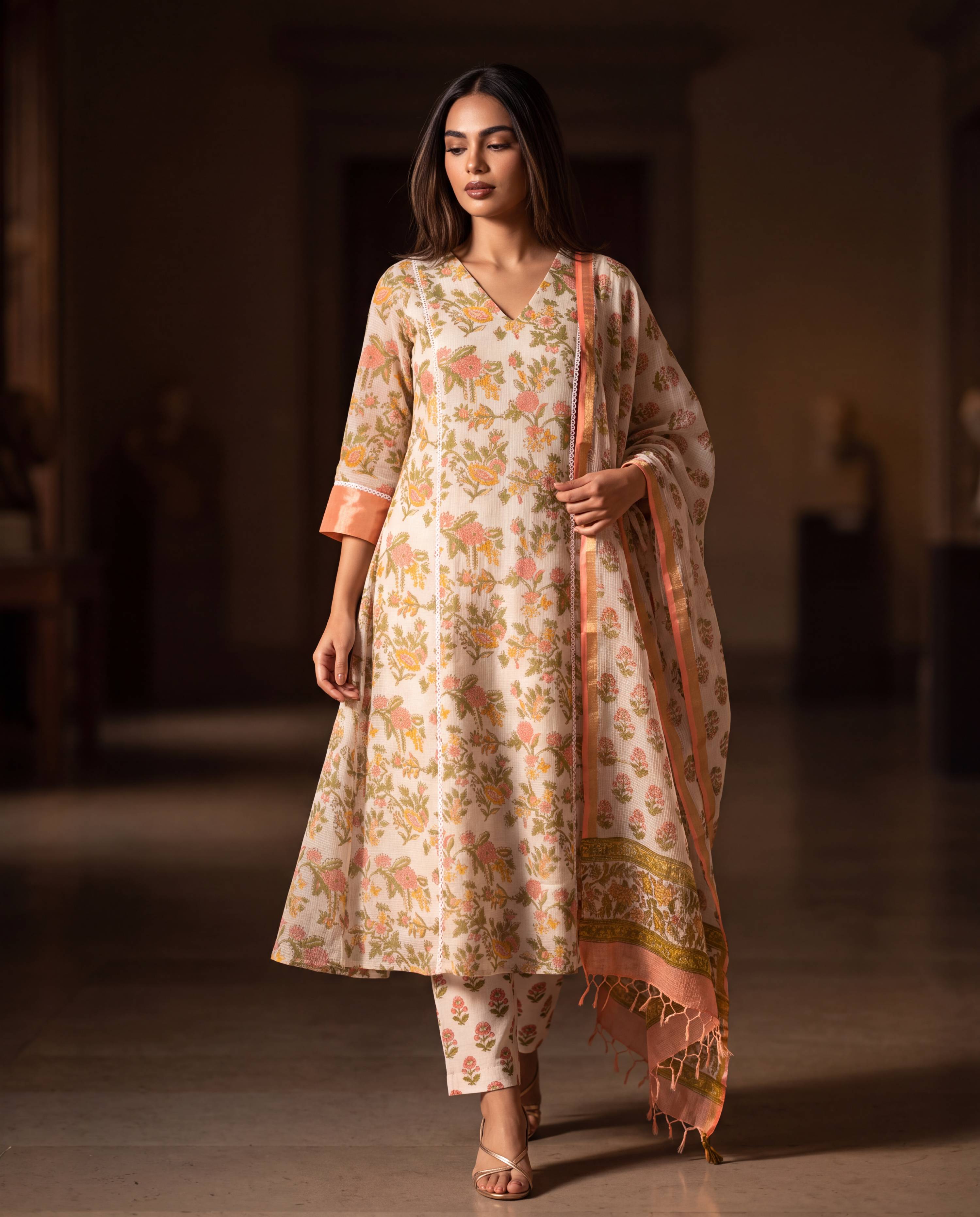 Peach Meadow Floral Flared Suit Set