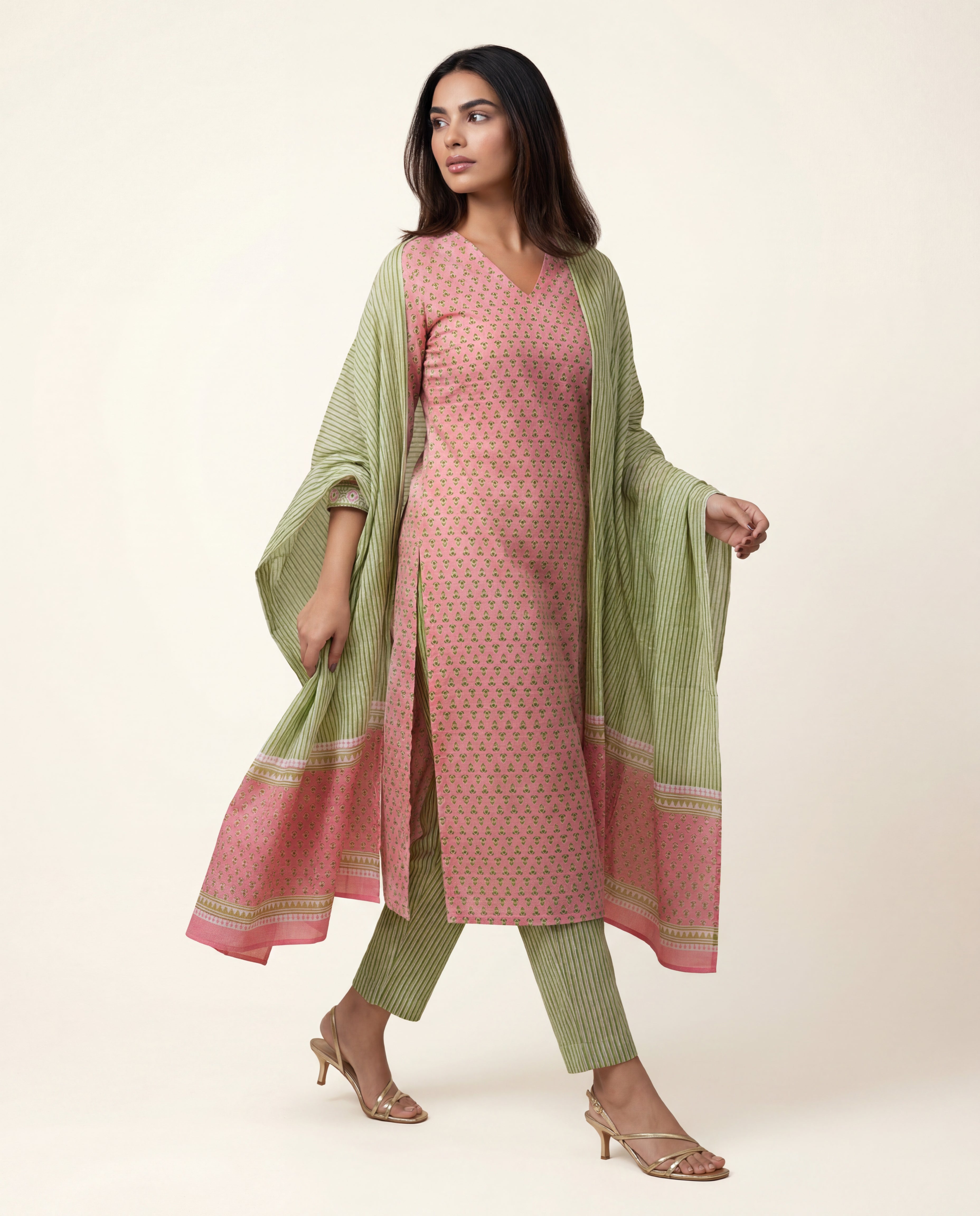 Light Pink &amp; Green Printed Cotton Suit Set