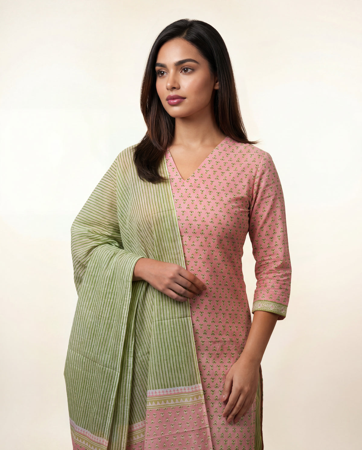 Light Pink &amp; Green Printed Cotton Suit Set