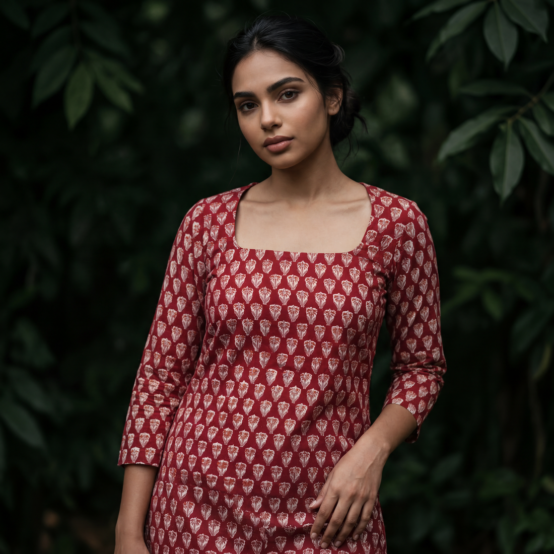 Red Handblock Printed Short Kurta