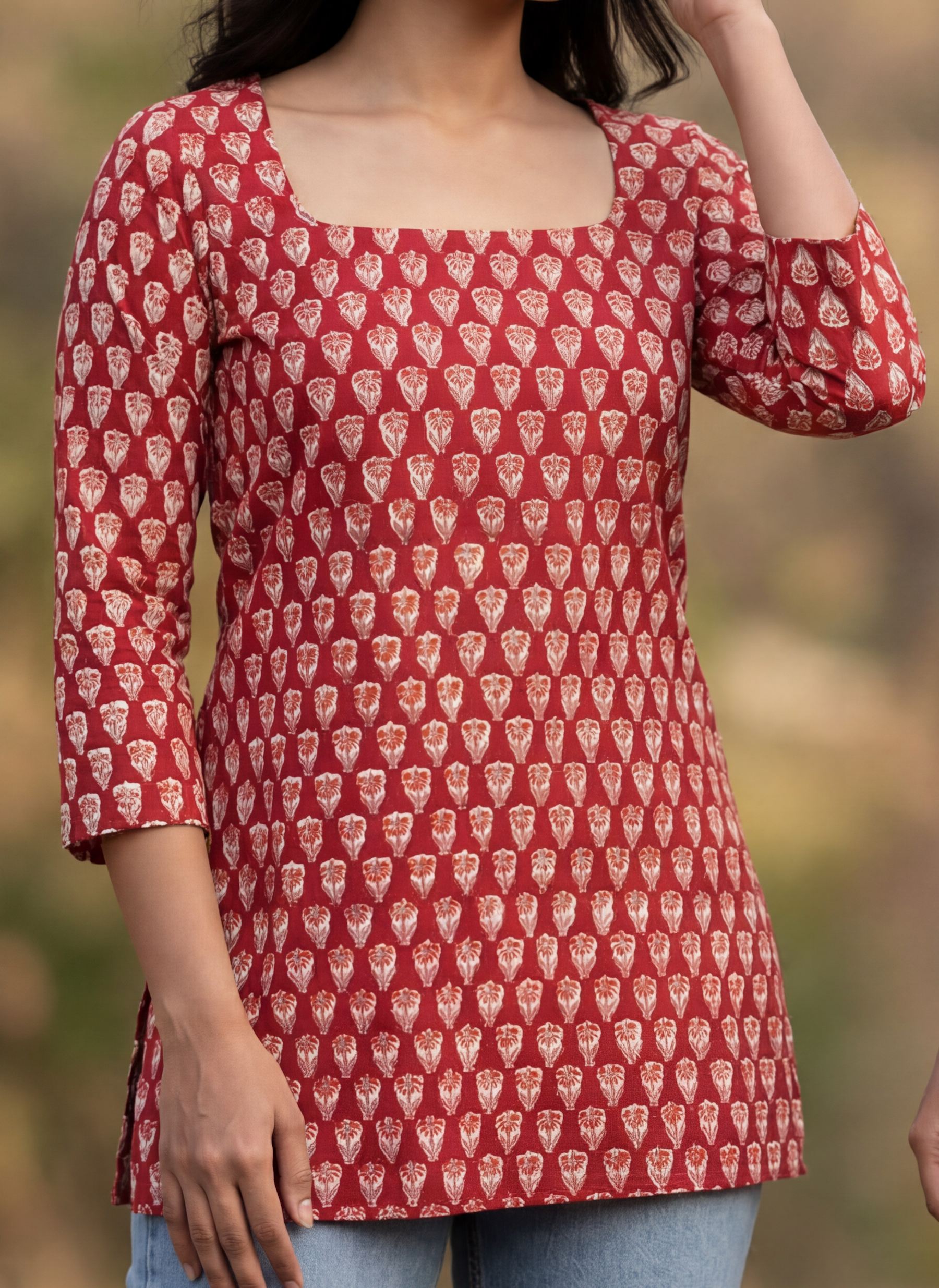 Red Handblock Printed Short Kurta