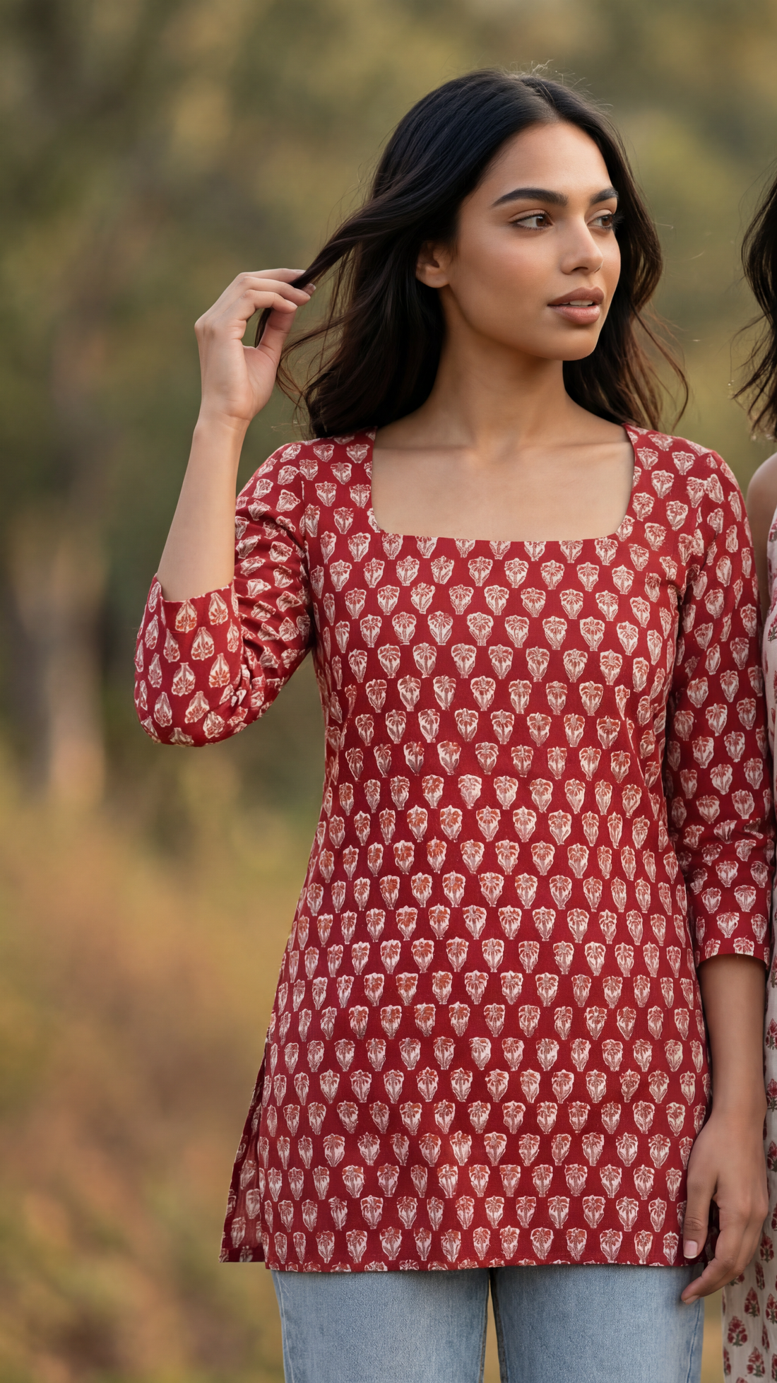 Red Handblock Printed Short Kurta