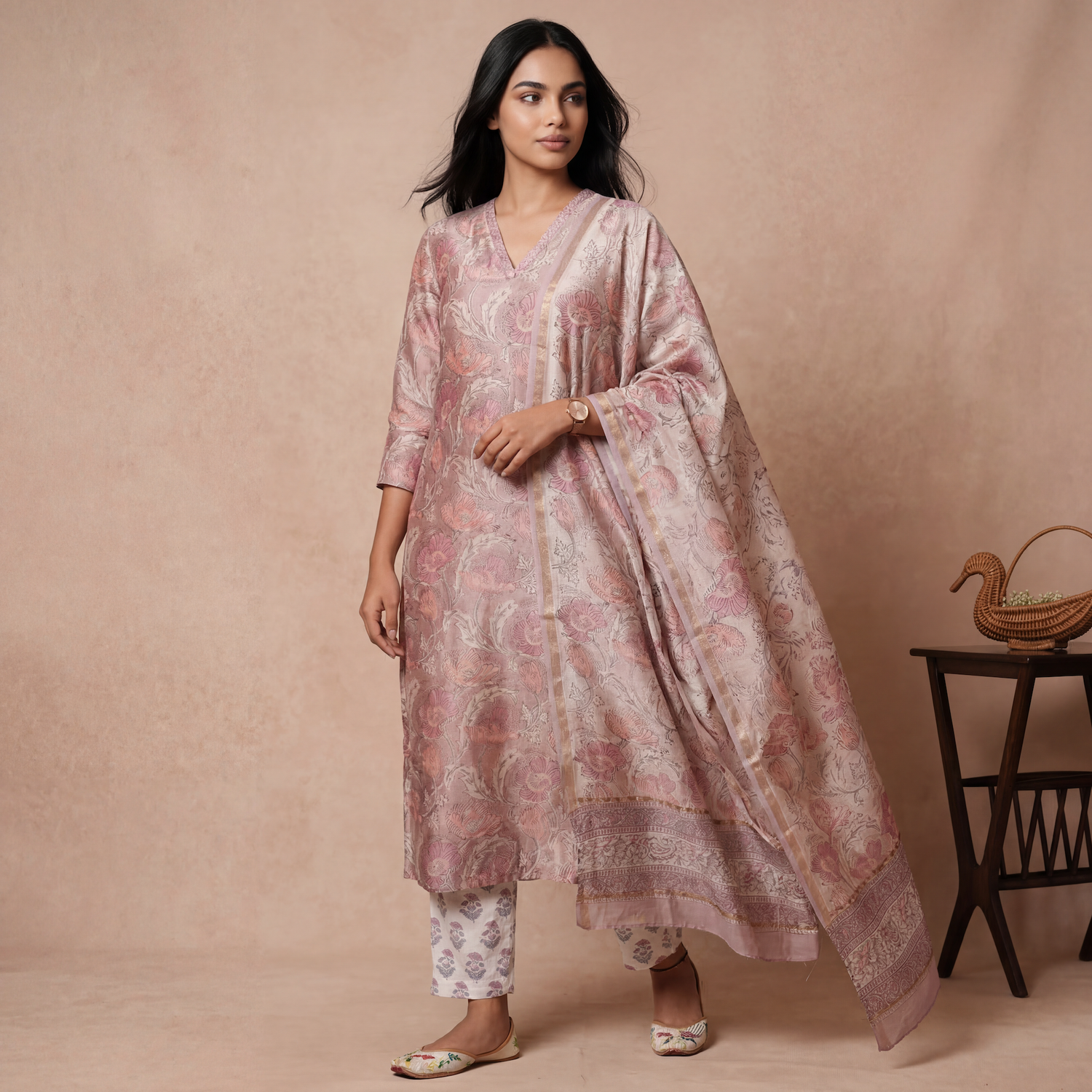 Soft Pink Floral Printed Kurta Set with Dupatta