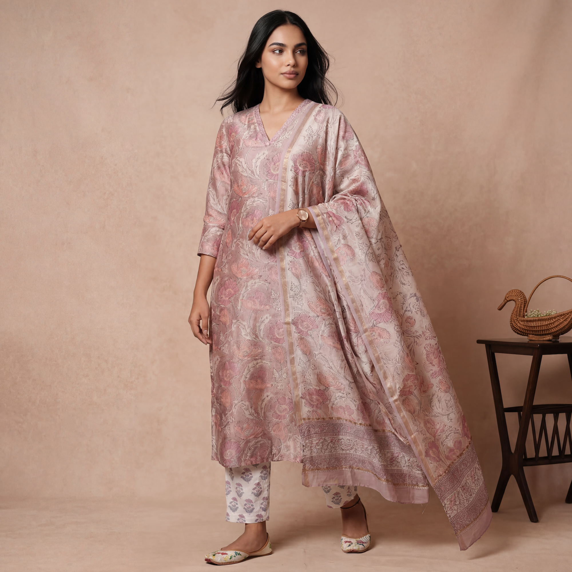 Soft Pink Floral Printed Kurta Set with Dupatta