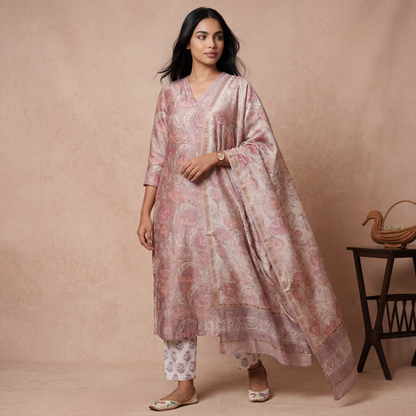 Soft Pink Floral Printed Kurta Set with Dupatta