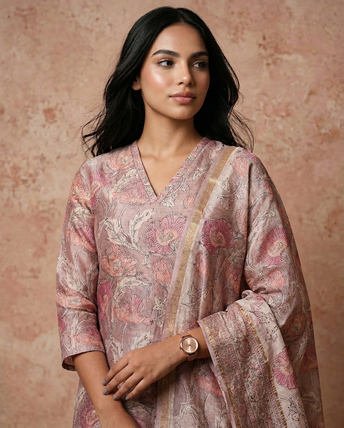 Soft Pink Floral Printed Kurta Set with Dupatta