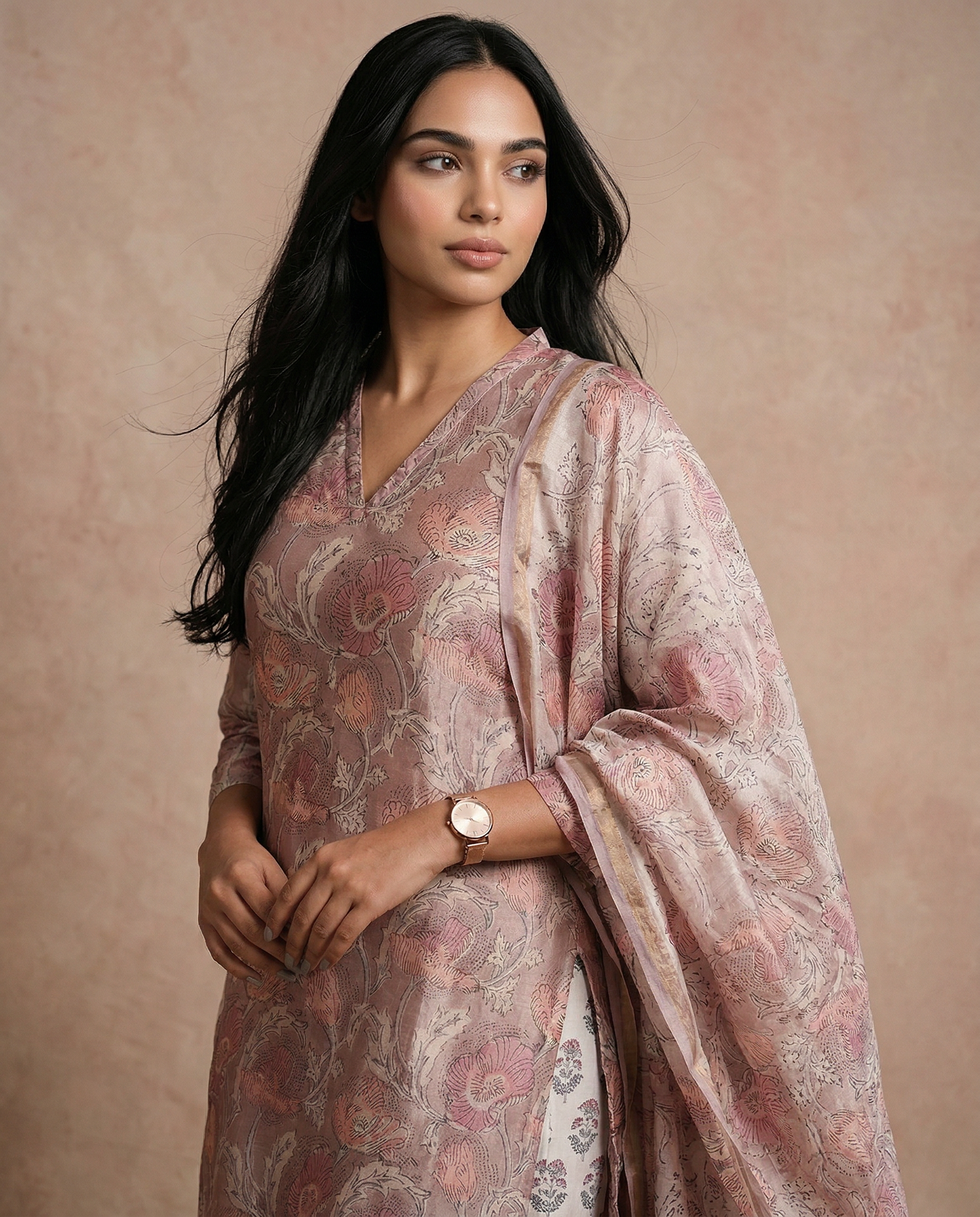 Soft Pink Floral Printed Kurta Set with Dupatta